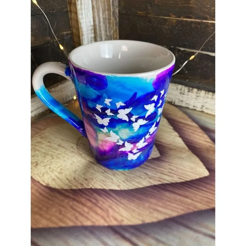 Butterfly Theme Coffee Tea Cup Mug Blue Pink Abstract Epoxy Resin Mug Handmade